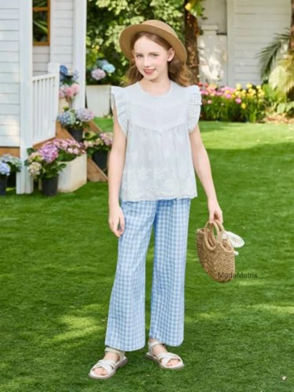 Girls Gingham Cotton Blend Pants Elastic High Waist Casual